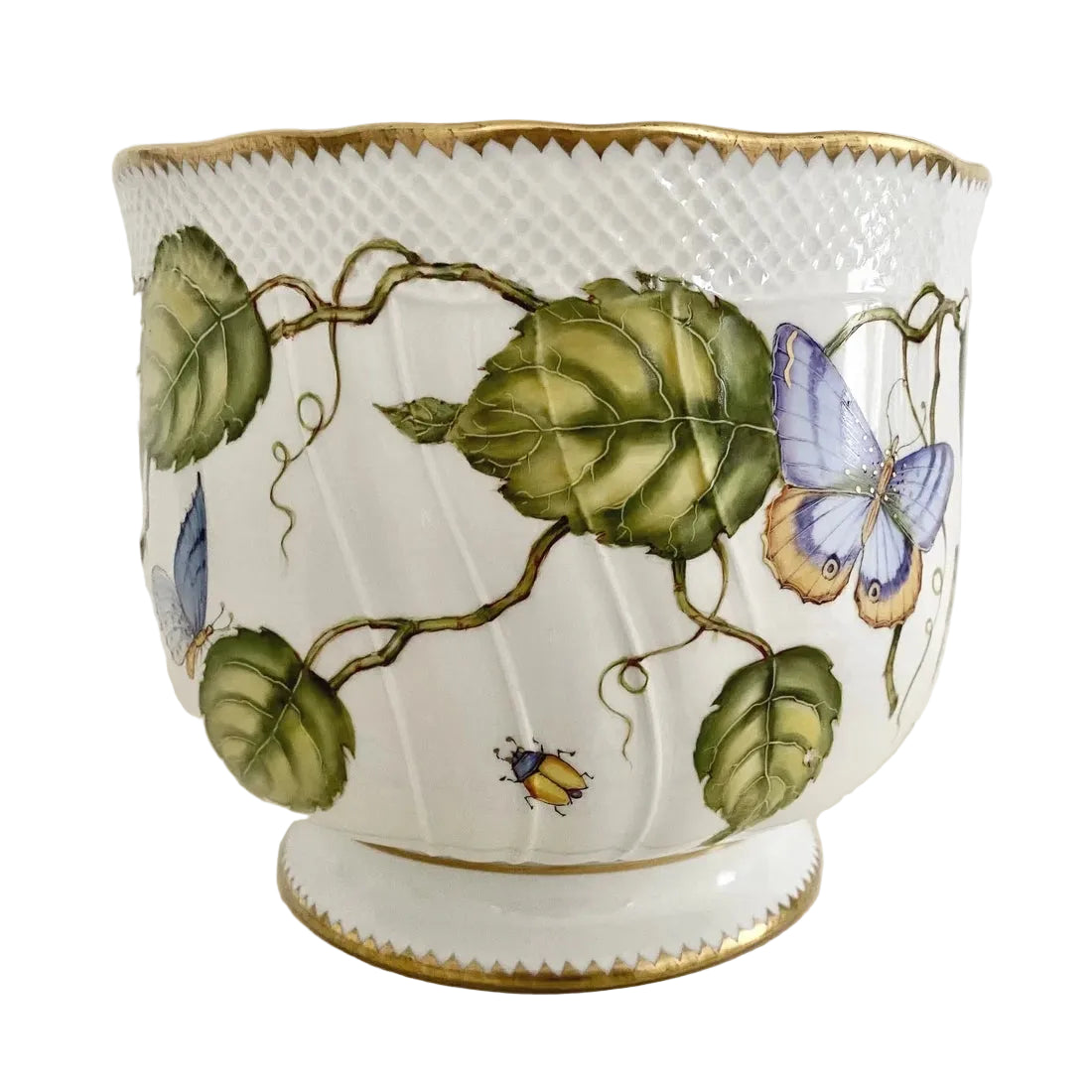 Hand Painted Cachepot, Round - Green Leaves with Blue/Yellow Butterfly