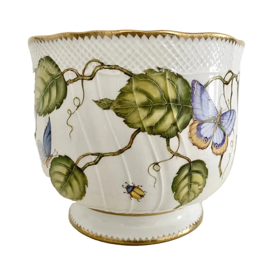 Hand Painted Cachepot, Round - Green Leaves with Blue/Yellow Butterfly