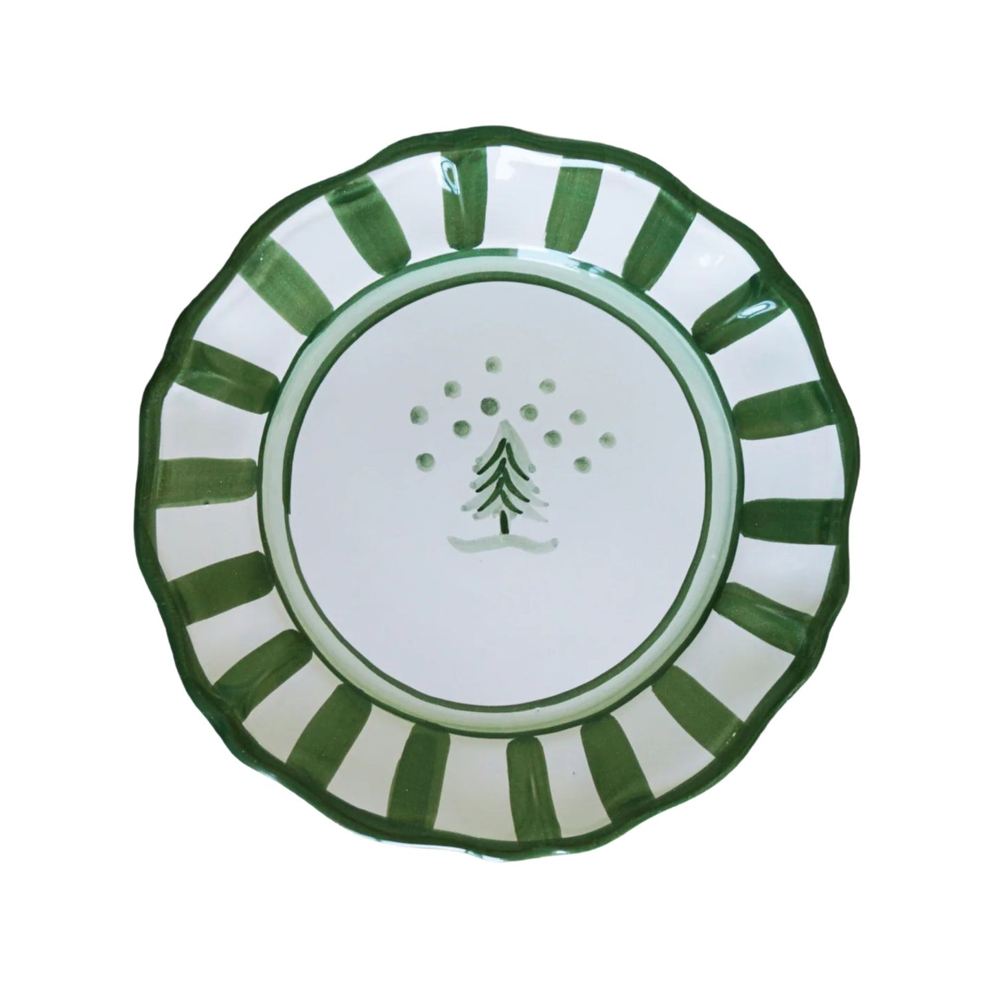 Decorative plate with green and white design on a white background
