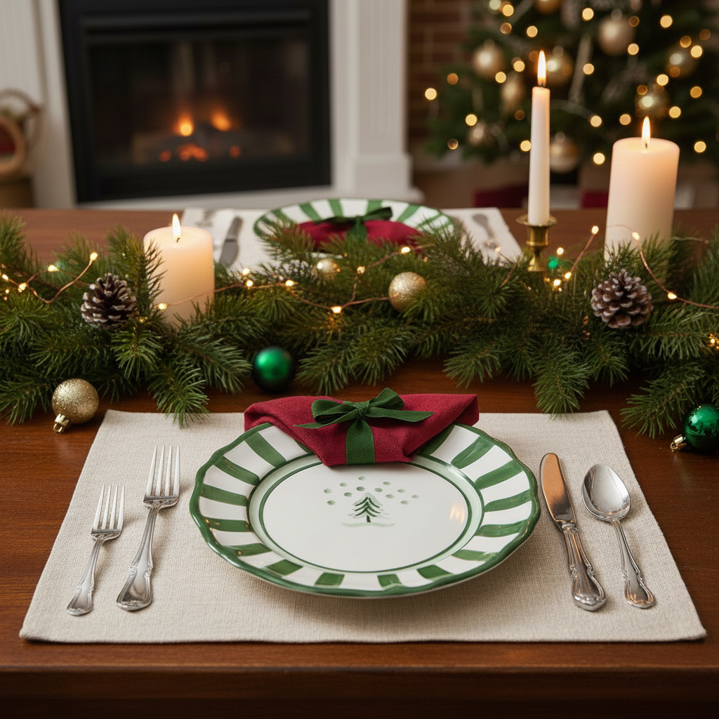 Christmas table setting with green and white striped plate, candles, and festive decorations.