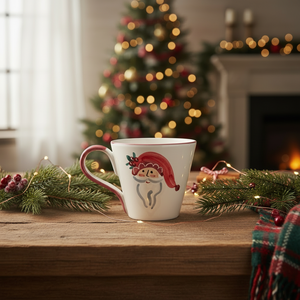 Decorative mug with Santa design on a festive table with Christmas tree and fireplace in the background