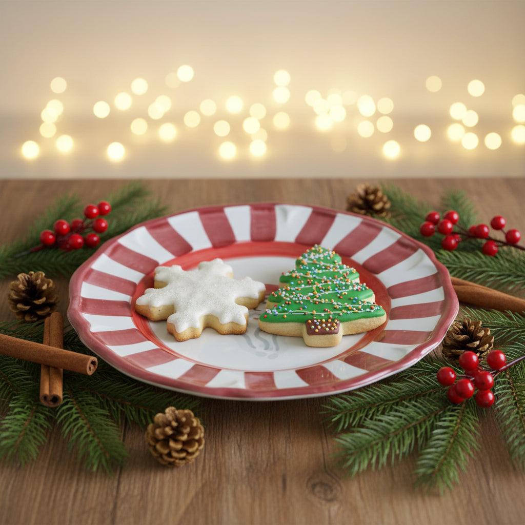 Ceramic plate with red and white striped border and Santa Claus design on a white background