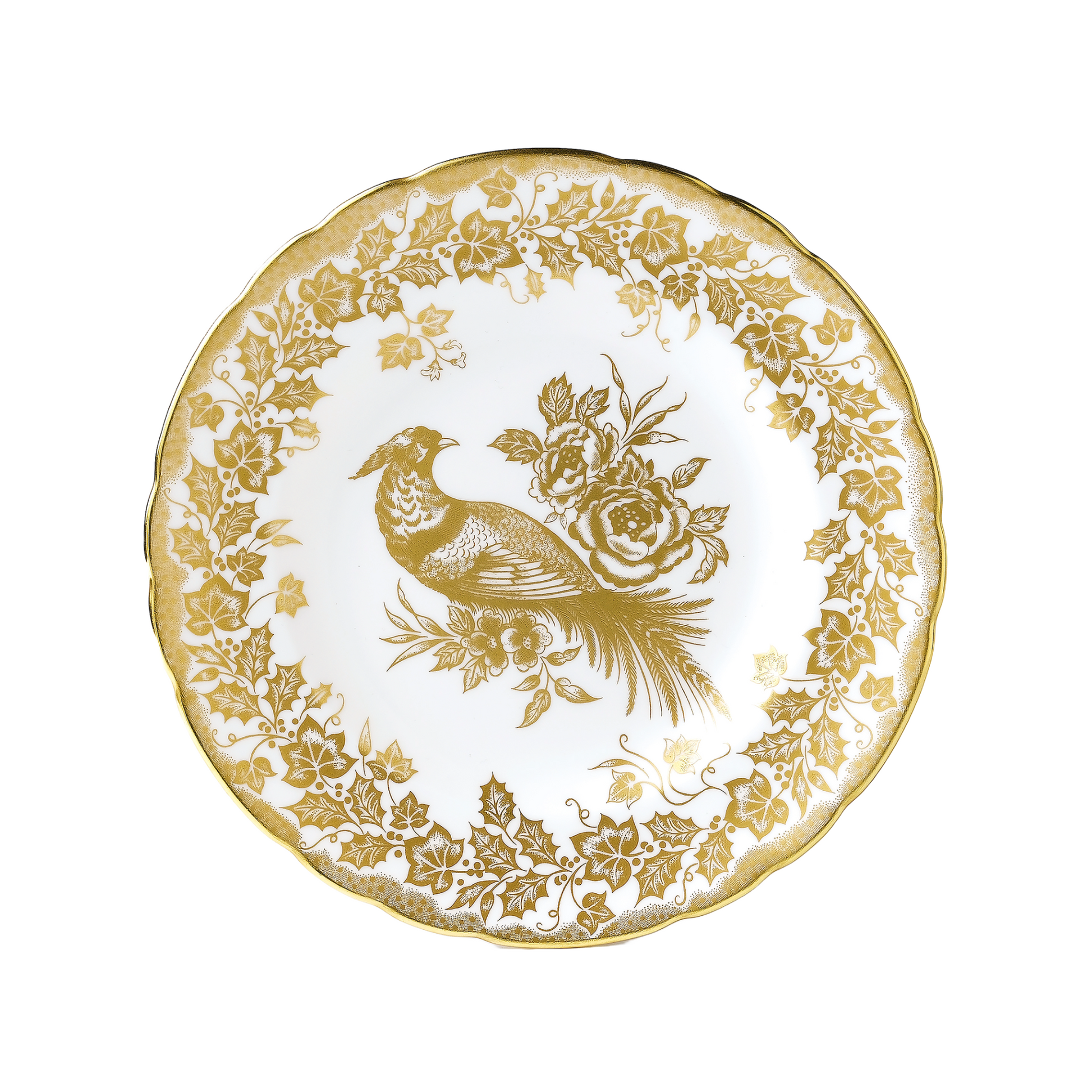 Decorative plate with gold bird and floral design on a white background