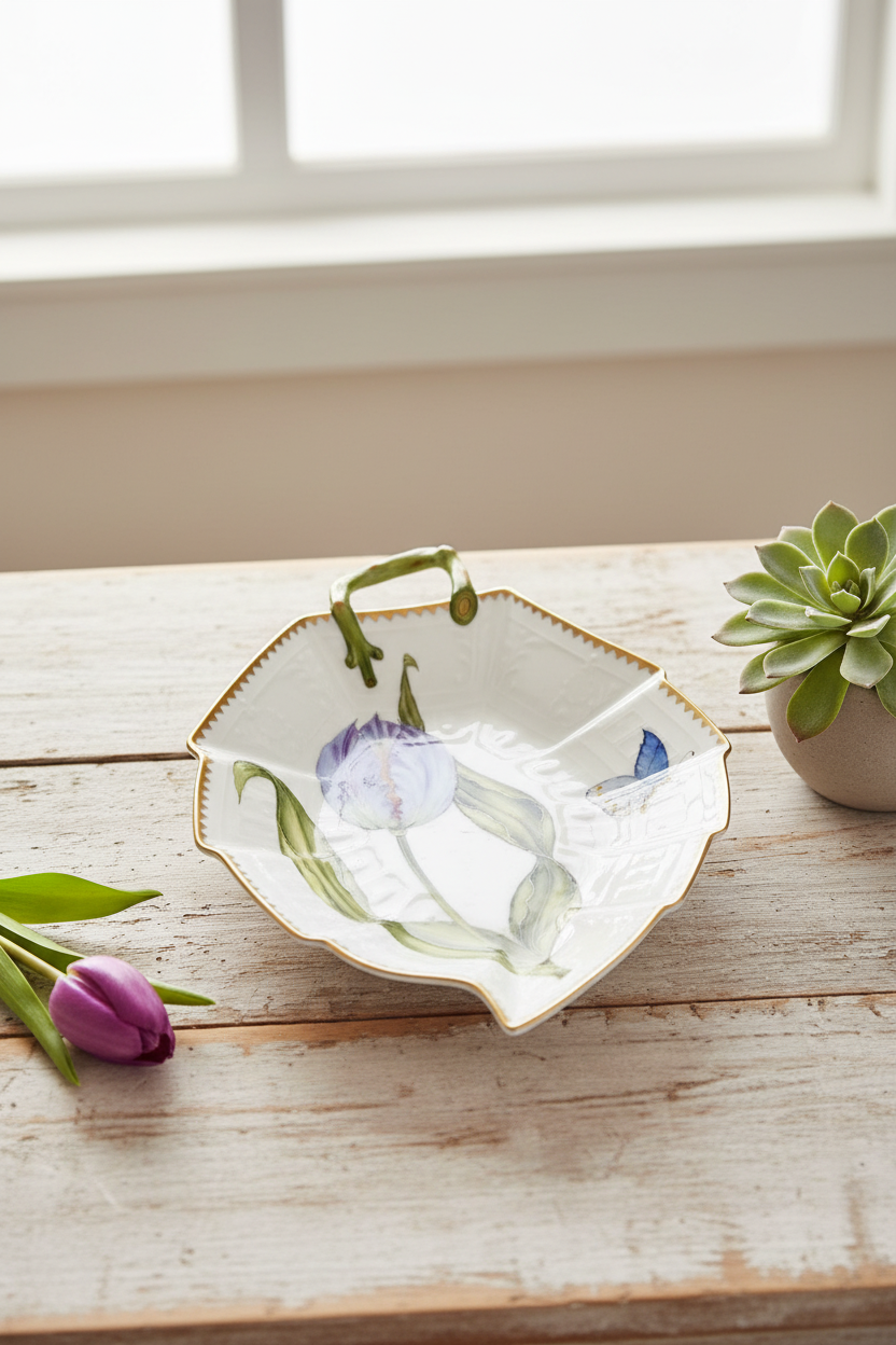 Hand Painted Leaf Plate - Light Purple Tulip with Butterfly