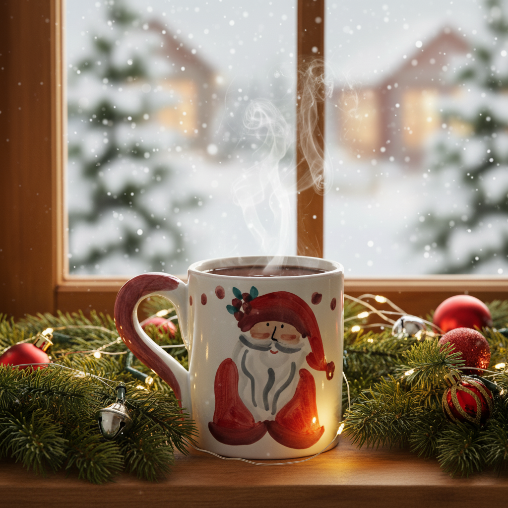 Steaming mug with Santa design on a windowsill with Christmas decorations and snow outside.