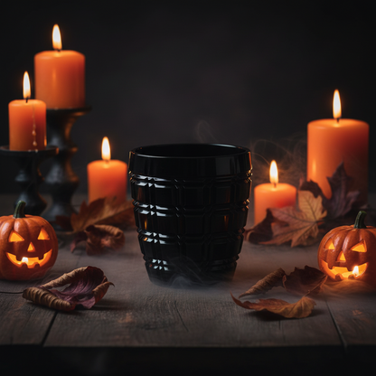 A black textured acrylic tumbler sits on a dark wooden table surrounded by lit orange candles, jack-o'-lanterns, and autumn leaves in a moody Halloween setting.
