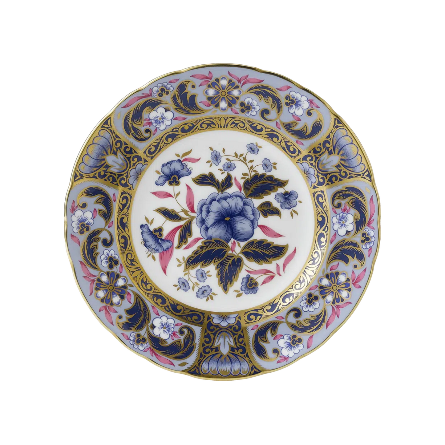 Decorative bone china plate with blue and purple floral design on a white background