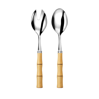 Two silver salad servers with wood handles on a white background