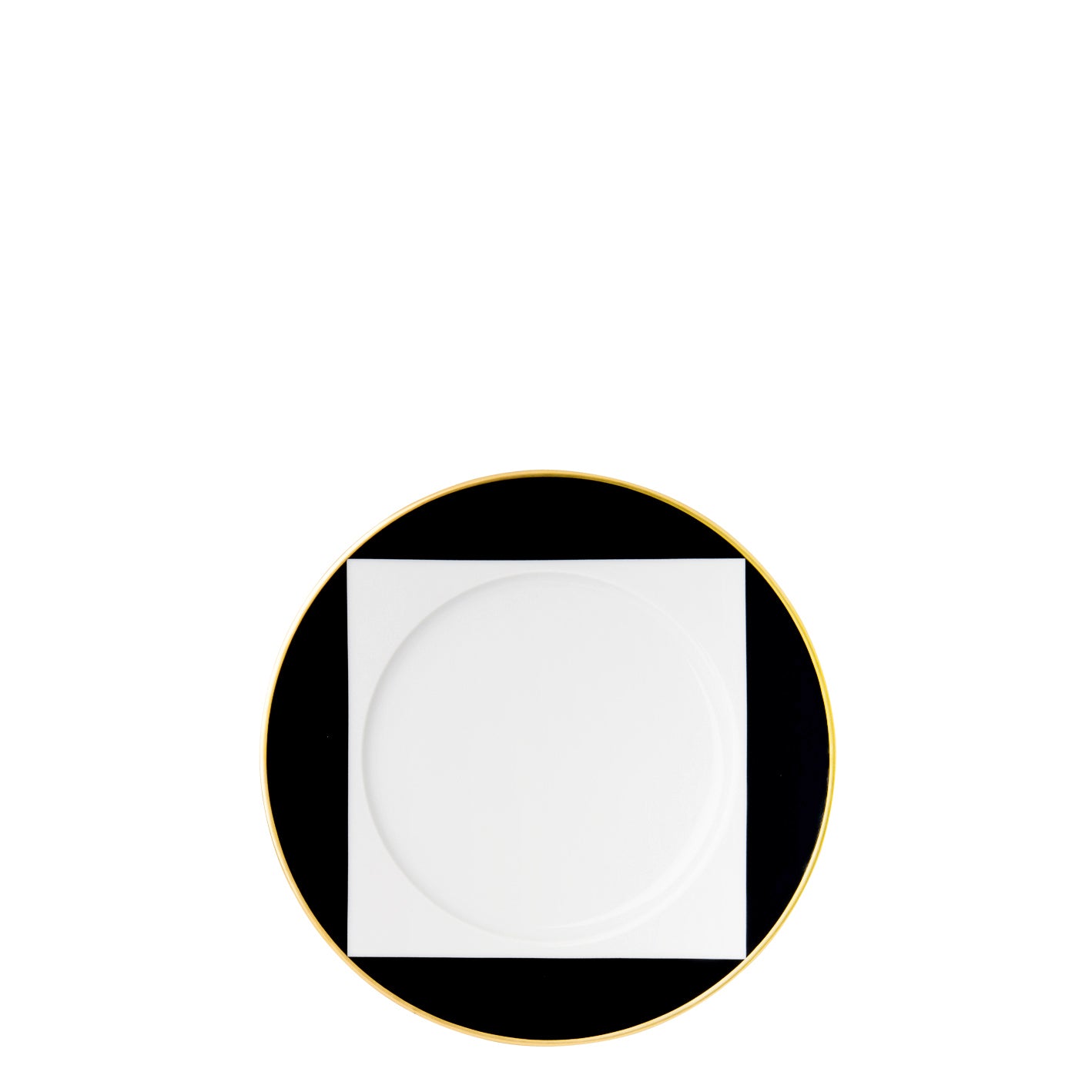 A black and white geometric patterned porcelain plate with gold trim.