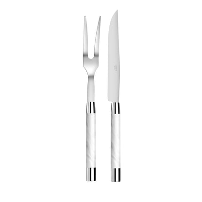 Stainless steel carving fork and knife set on a white background