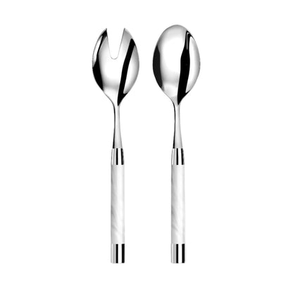 Stainless steel salad server set on a white background
