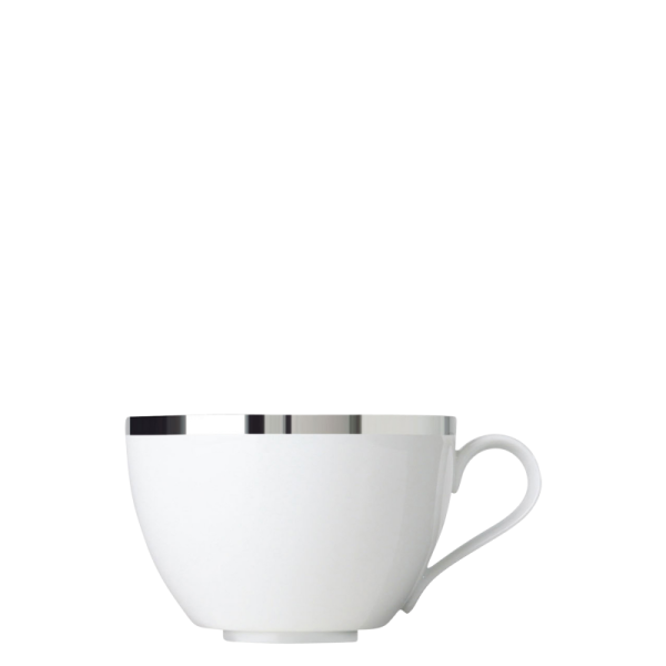 White porcelain teacup with a platinum rim on a white background