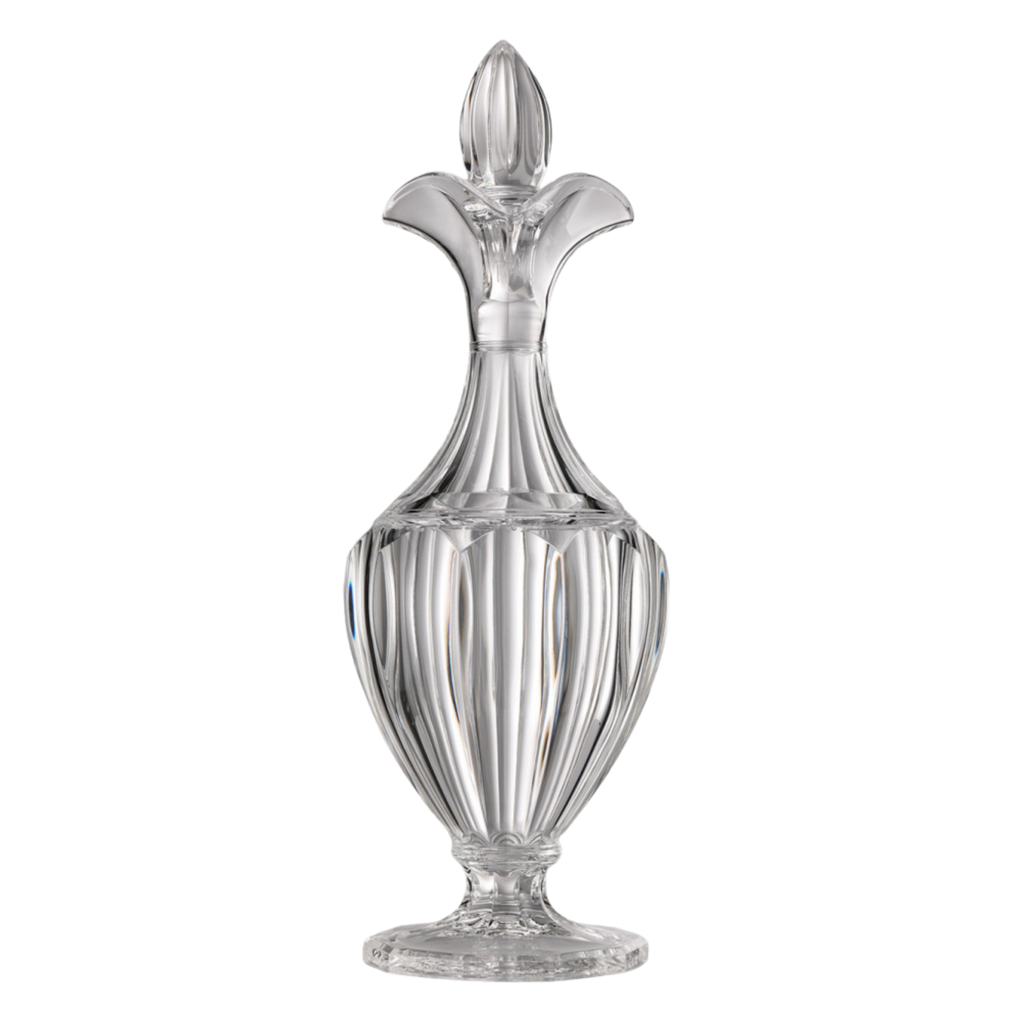 A clear, crystal-like carafe with a geometric pattern design.