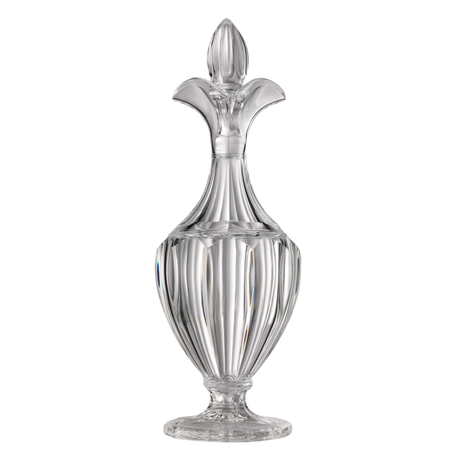 A clear, crystal-like carafe with a geometric pattern design.
