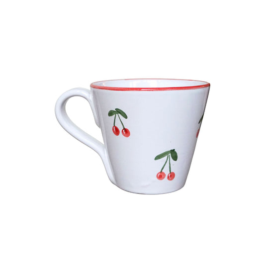 White ceramic mug with red cherry designs on a white background