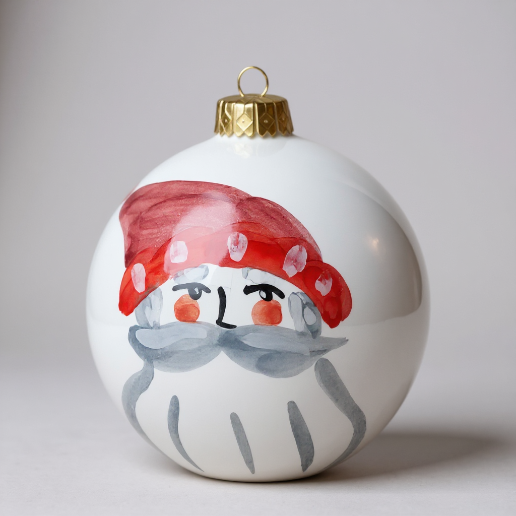 Decorative Christmas ornament with a painted Santa and red hat on a plain background