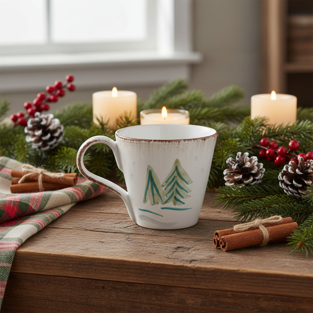 White mug with green tree design on a white background