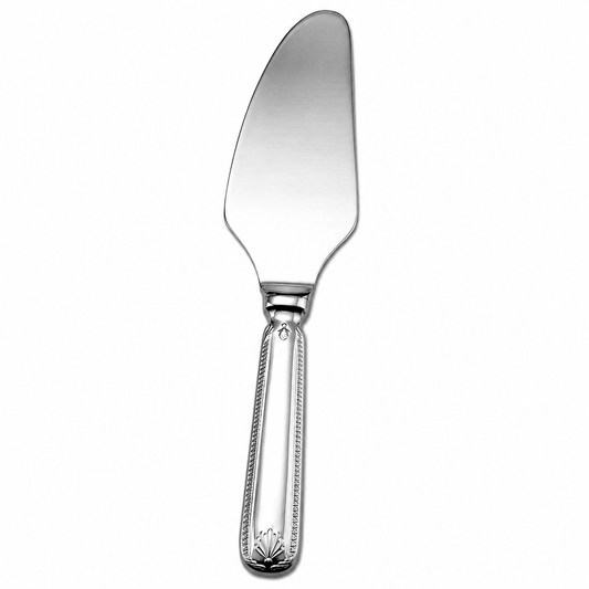 A polished stainless steel cake server with a decorative engraved handle, shown vertically against a plain white background.