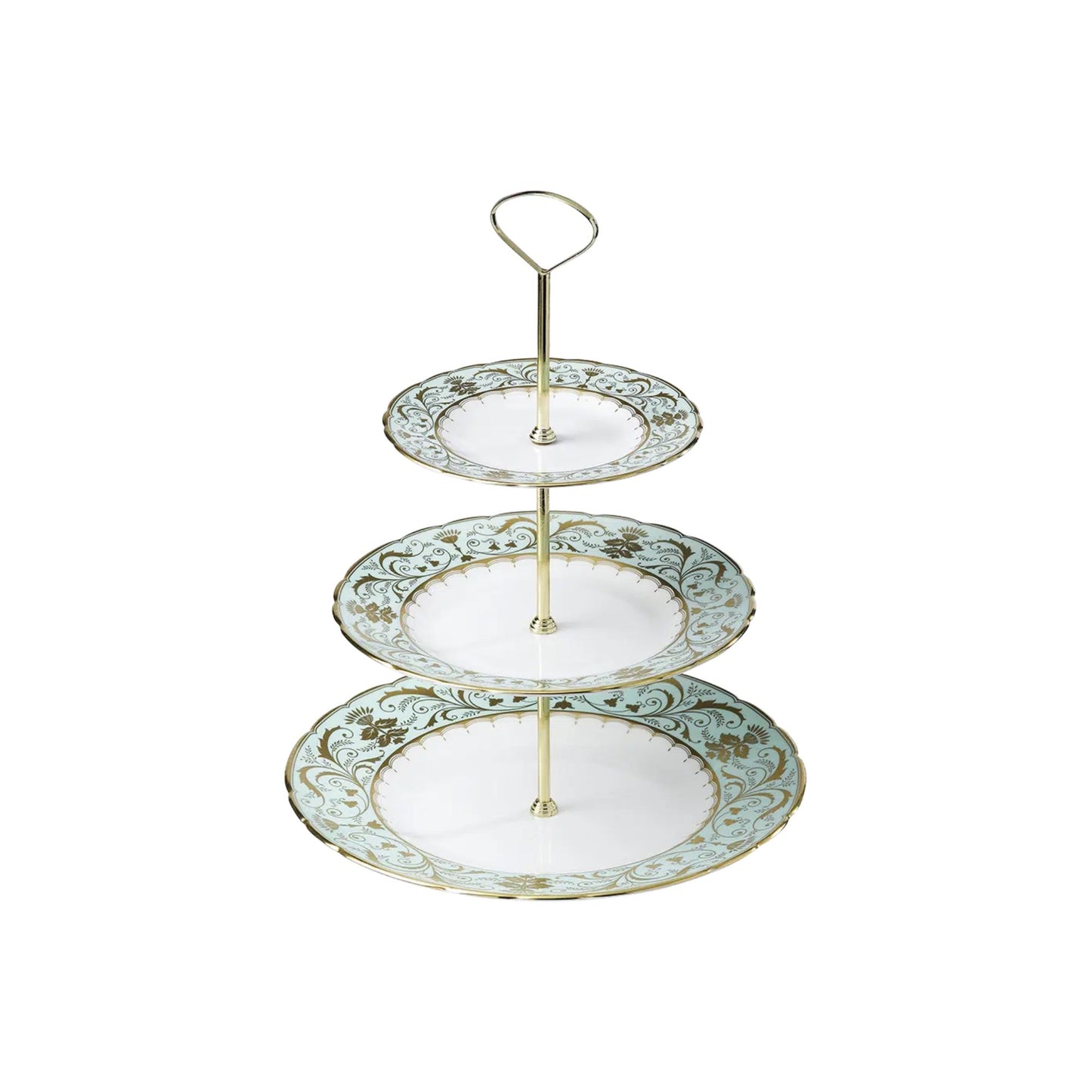 Three-tiered luxury decorative plate stand with gold accents on a white background