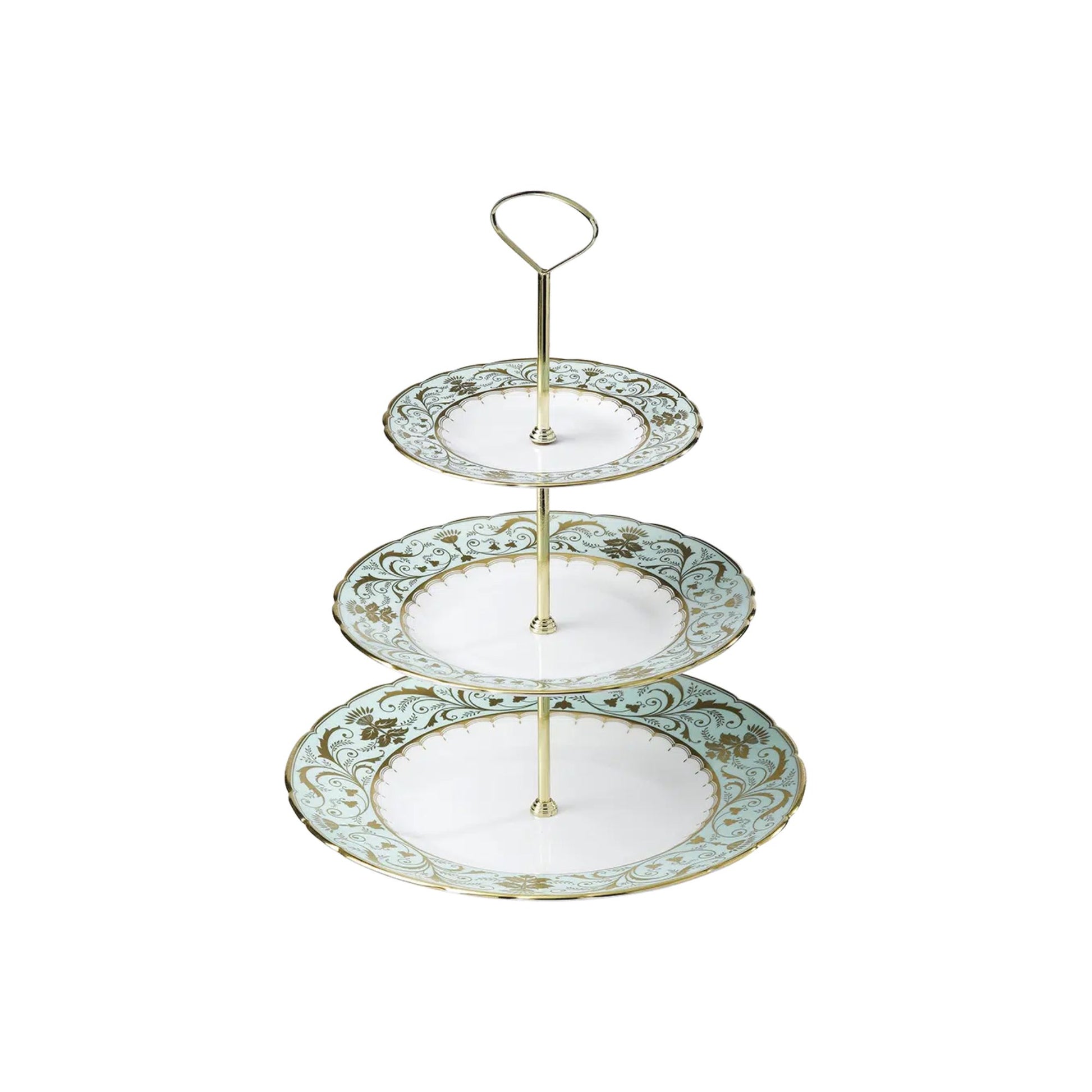Three-tiered luxury decorative plate stand with gold accents on a white background