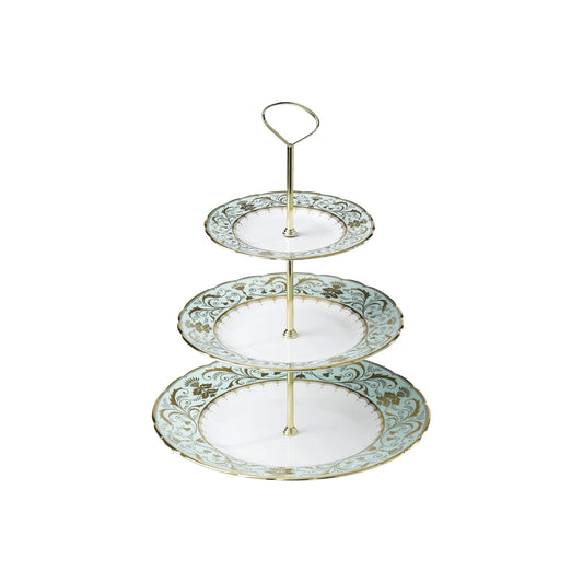 Three-tiered luxury decorative plate stand with gold accents on a white background