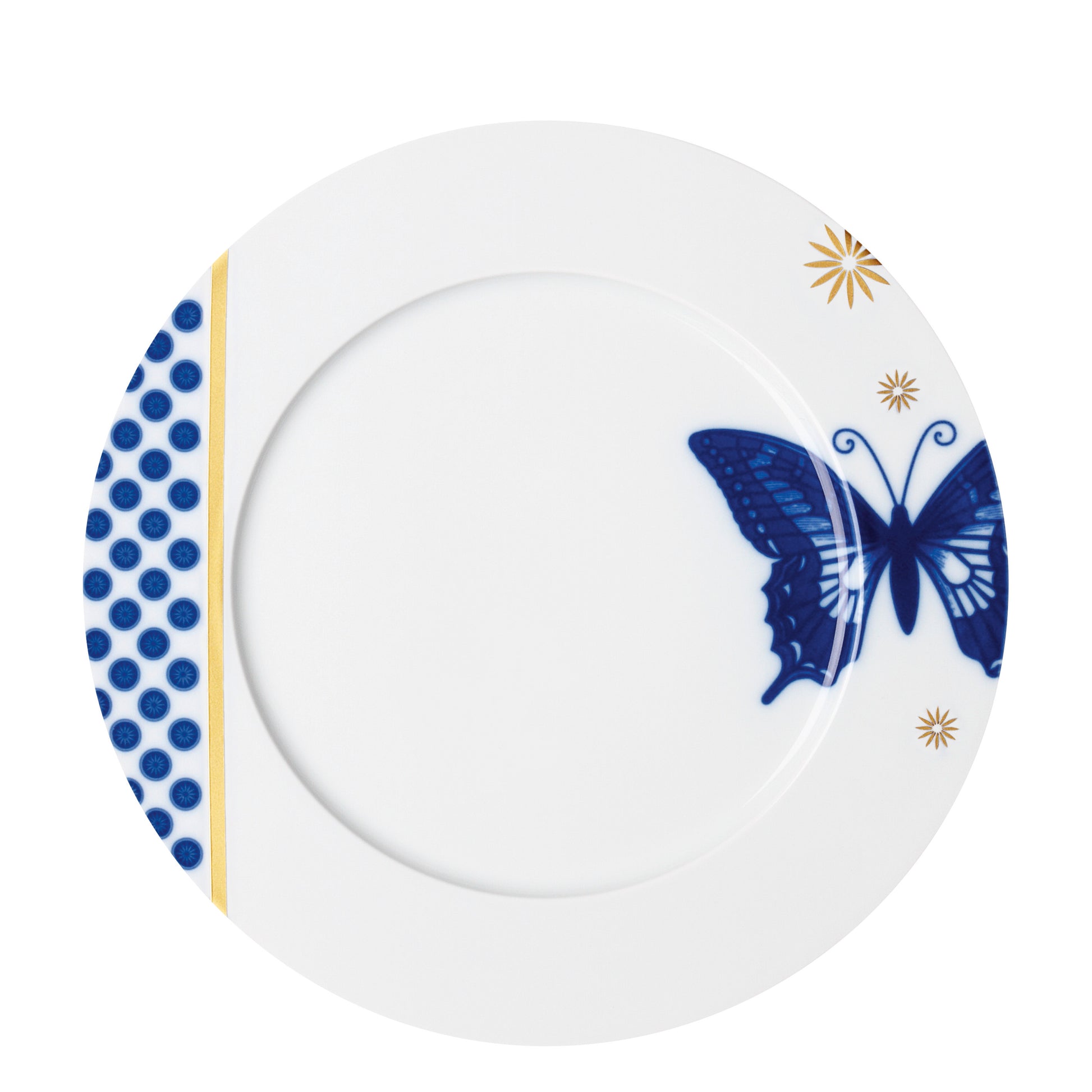 A round ceramic plate with a blue floral pattern on a white background.