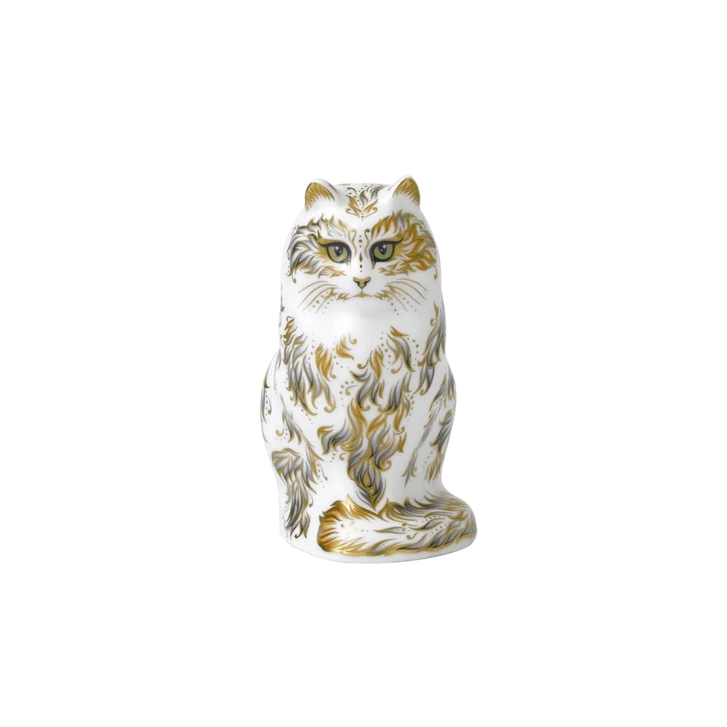 Decorative cat figurine with gold and brown patterns on a white background