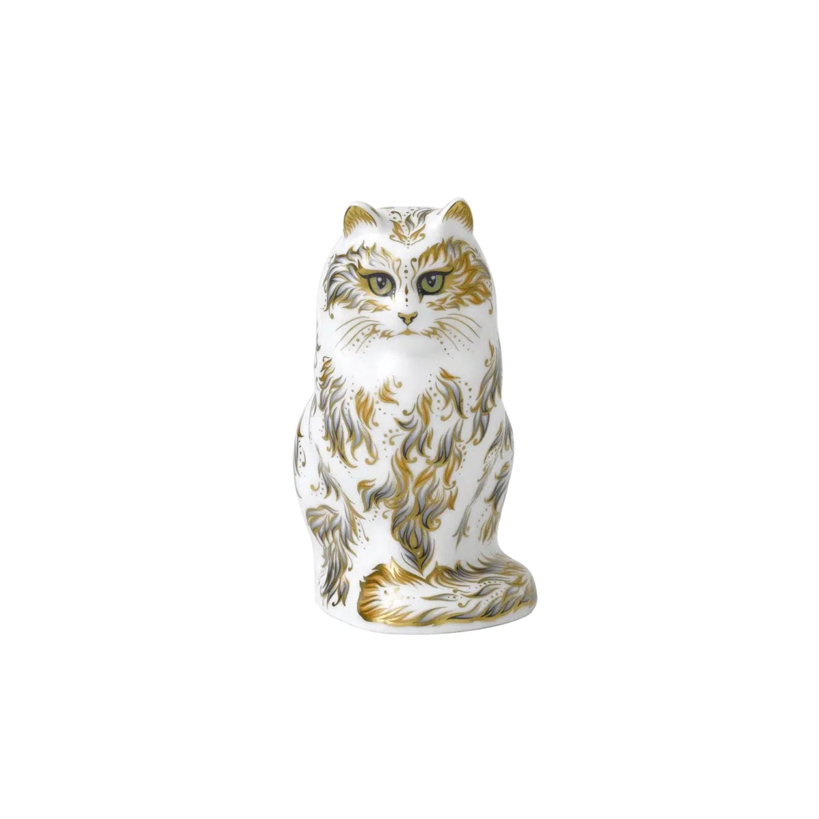 Decorative cat figurine with gold and brown patterns on a white background