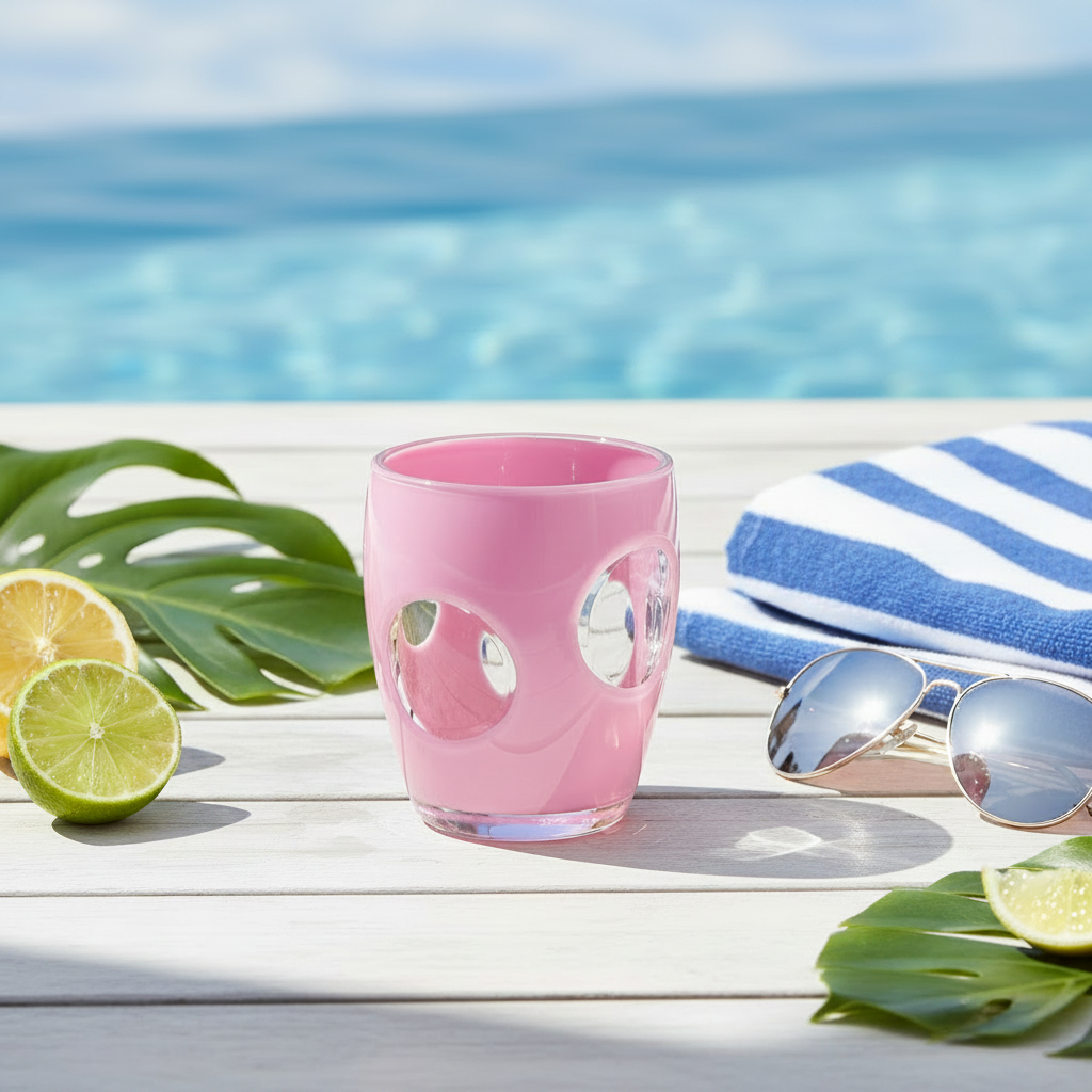 Pink glass with cut-out design on a wooden surface by a pool with lemons and sunglasses.