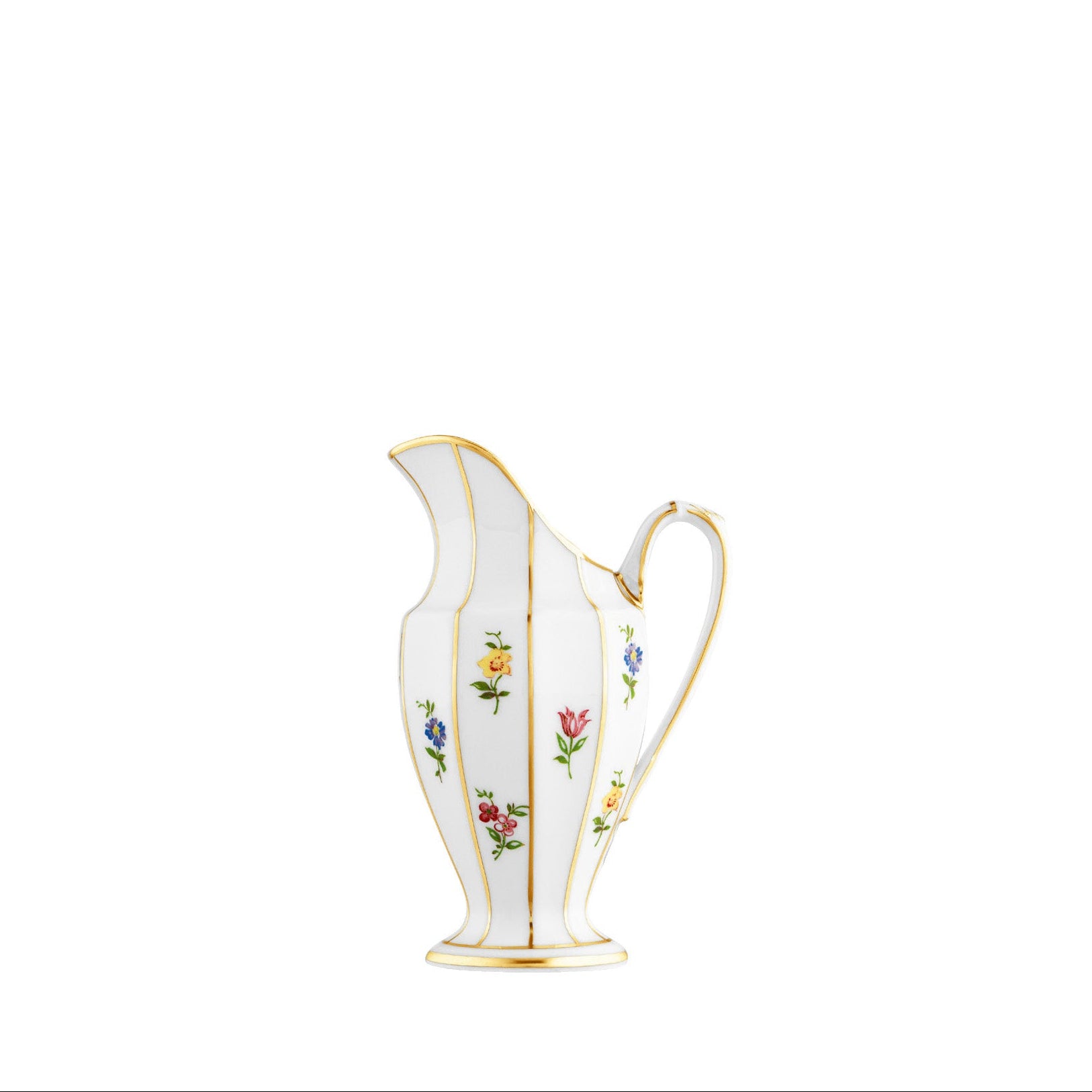 A white porcelain creamer with floral patterns and gold accents.