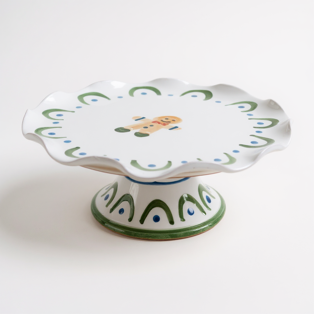 Ceramic cake stand with decorative Christmas patterns on a white background