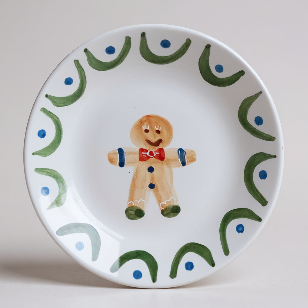 Decorative plate with a gingerbread man design on a white background