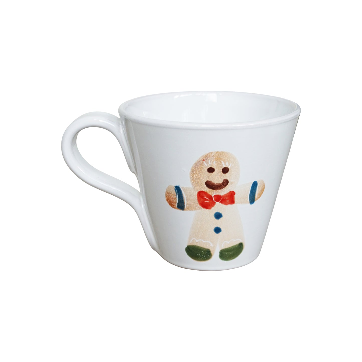 White mug with a gingerbread man design on a white background