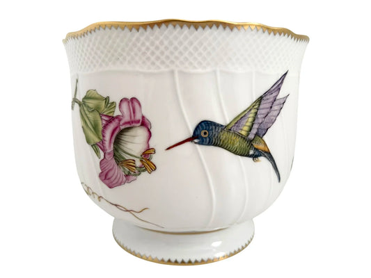 Hand Painted Cachepot, Round - Flower with Hummingbird