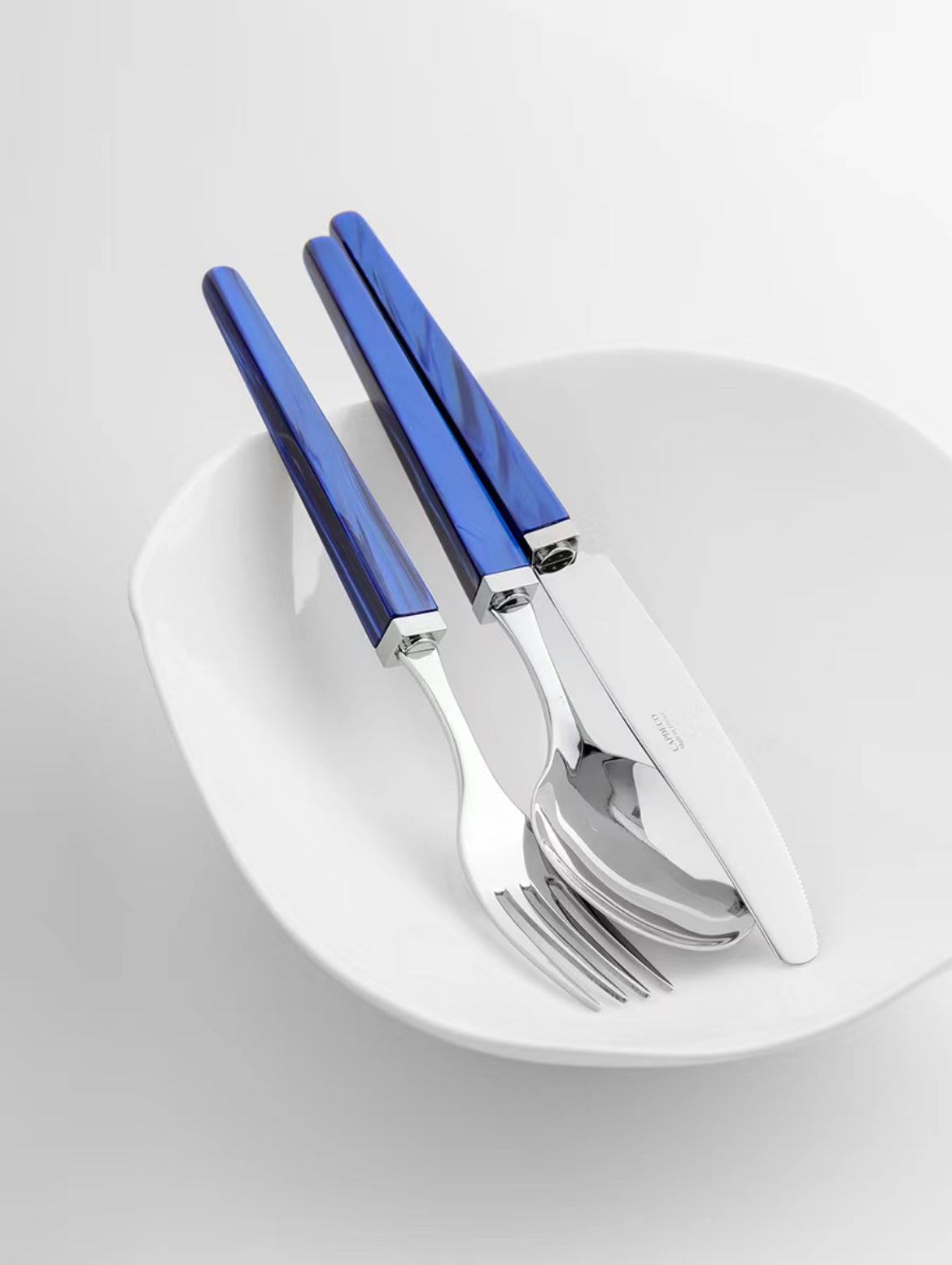 Set of silver cutlery with blue handles on a white plate against a light gray background
