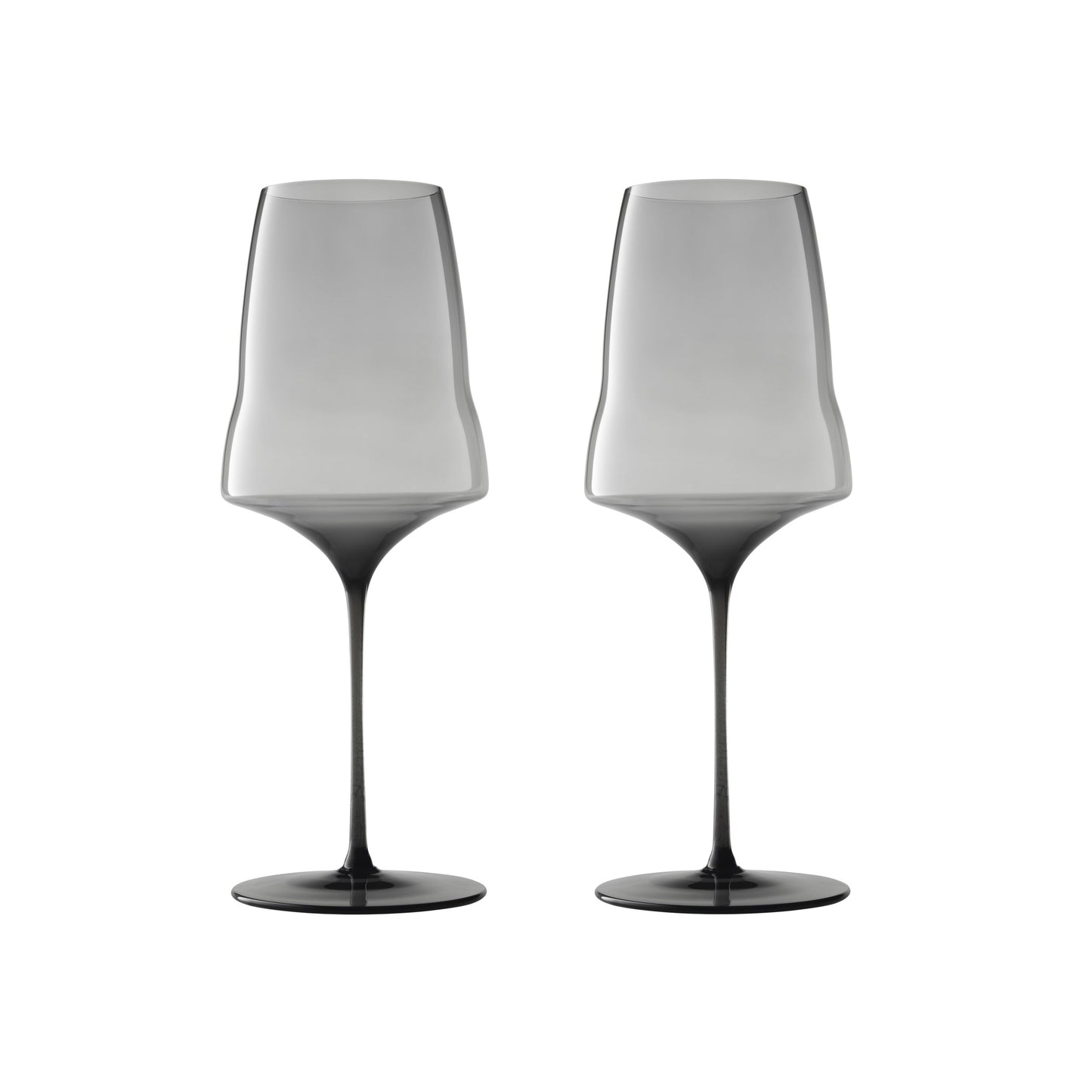 Two modern wine glasses with a smoky translucent design, fading from light gray at the wide bowl to dark charcoal at the base, shown side-by-side on a white background.