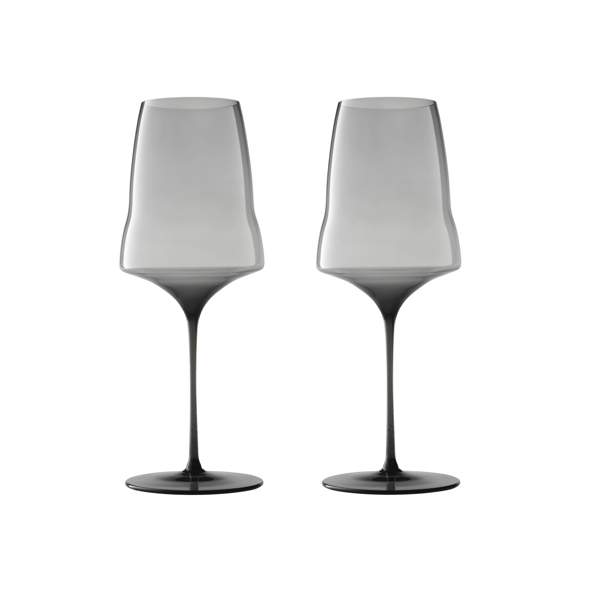 Two modern wine glasses with a smoky translucent design, fading from light gray at the wide bowl to dark charcoal at the base, shown side-by-side on a white background.