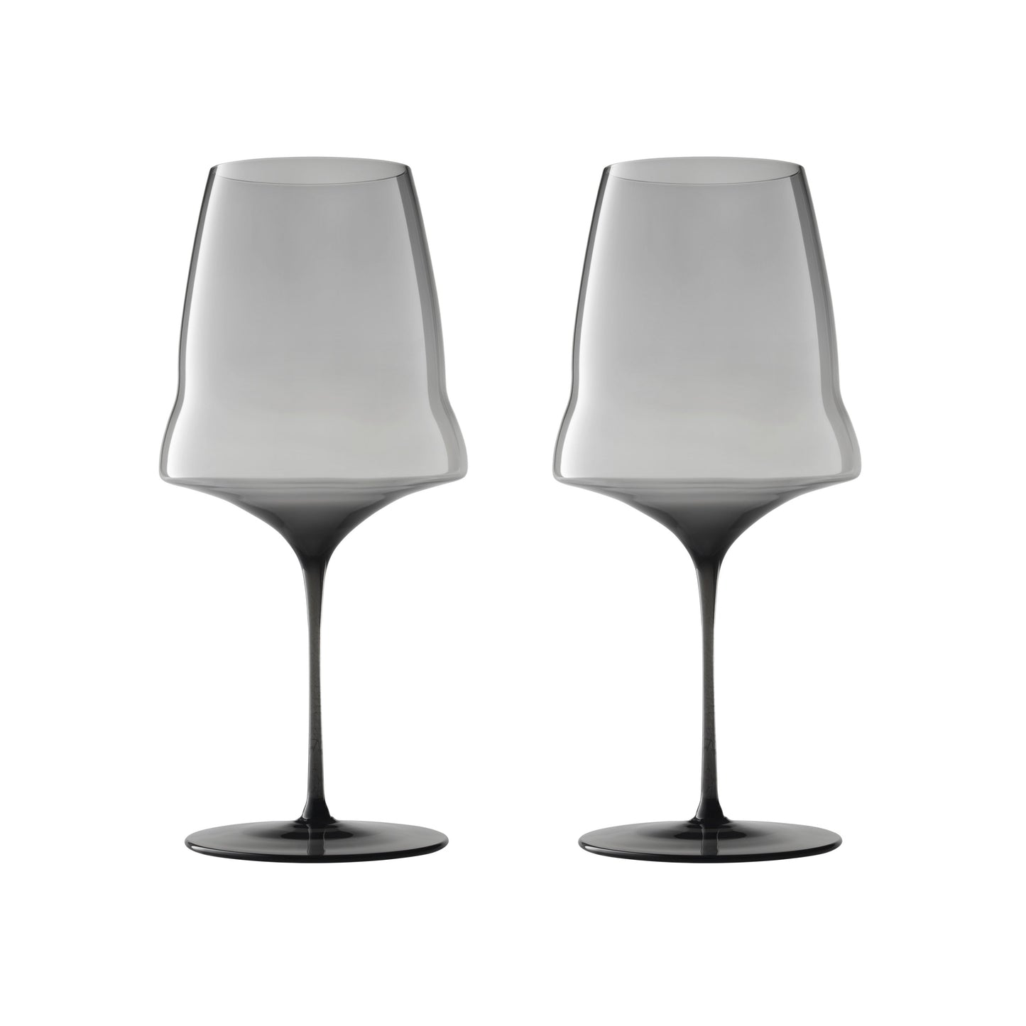 Two modern wine glasses with a gradient smoky gray design, transitioning from light gray at the top to dark gray at the base and stem, shown on a solid white background.