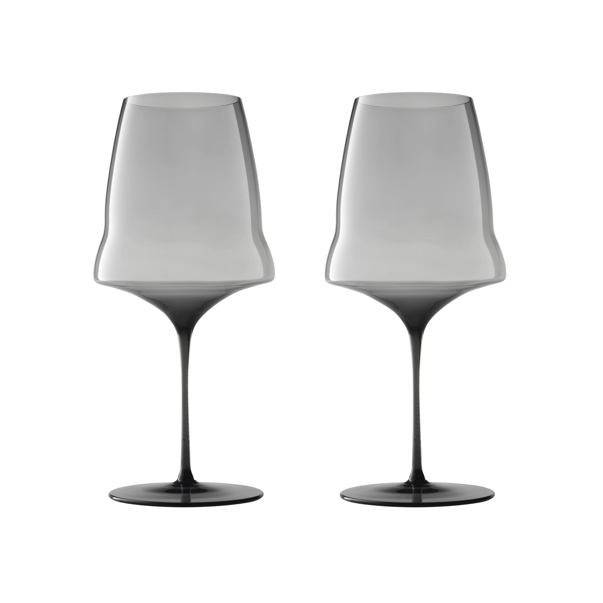 Two modern wine glasses with a gradient smoky gray design, transitioning from light gray at the top to dark gray at the base and stem, shown on a solid white background.