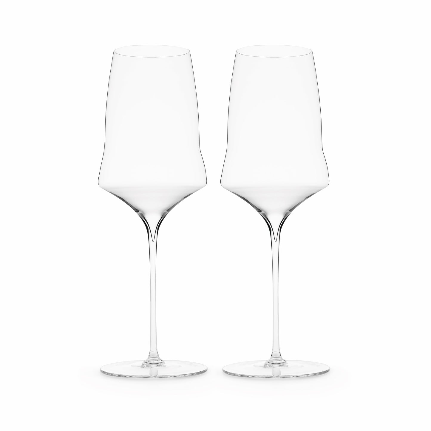A pair of hand-blown luxury wine glasses with a slender stem and a flared bowl, suitable for serving white wine or rosé. 