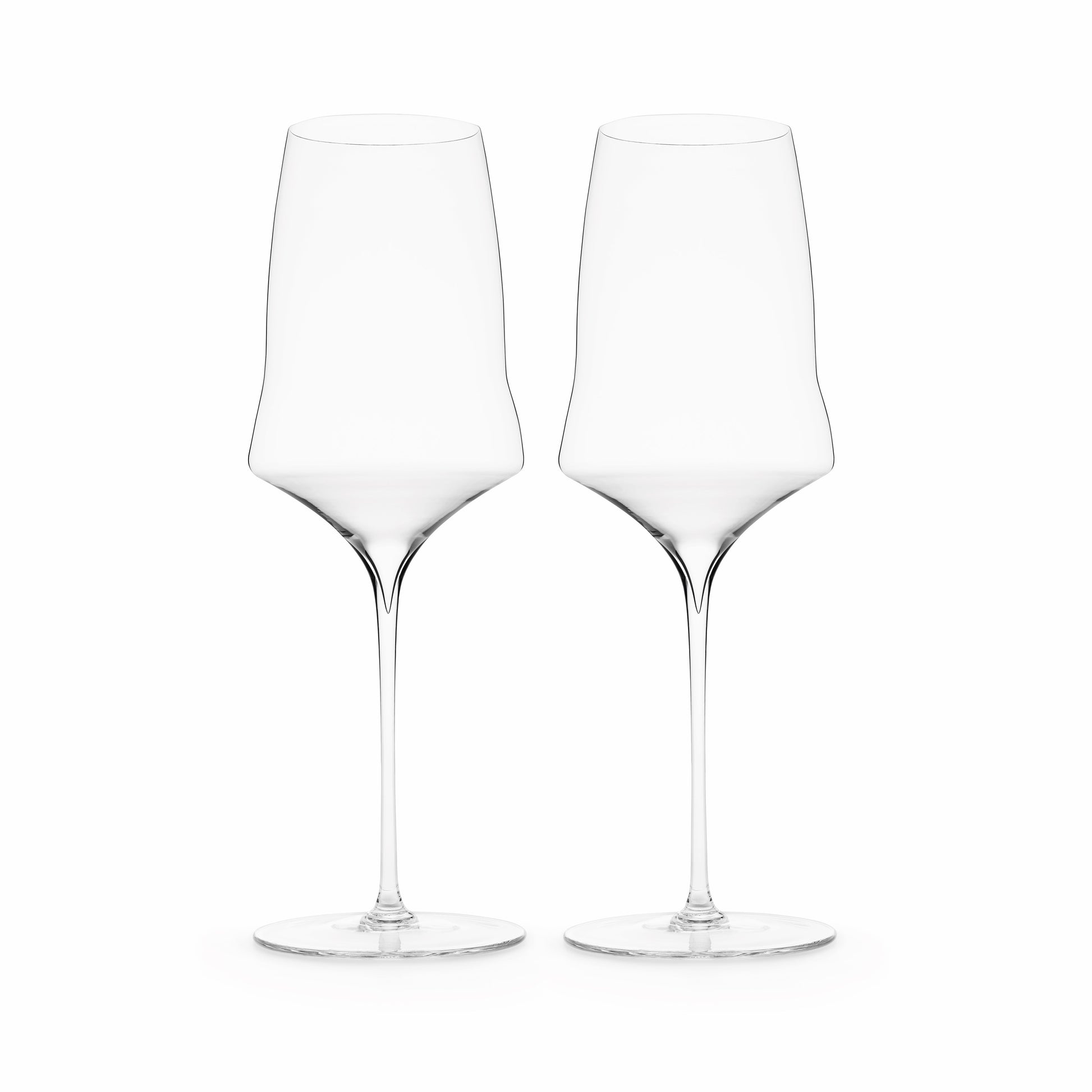 A pair of hand-blown luxury wine glasses with a slender stem and a flared bowl, suitable for serving white wine or rosé. 