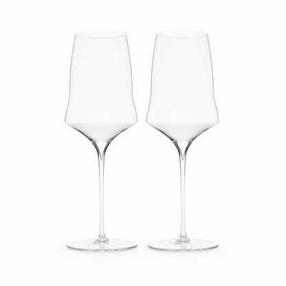 A pair of hand-blown luxury wine glasses with a slender stem and a flared bowl, suitable for serving white wine or rosé. 
