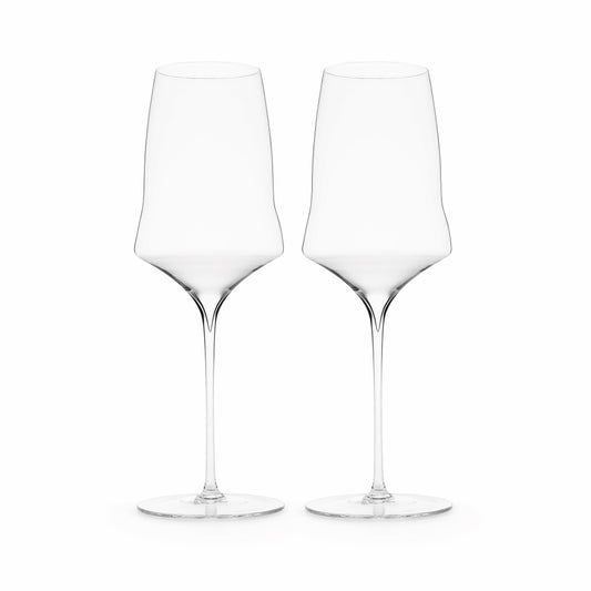 A pair of hand-blown luxury wine glasses with a slender stem and a flared bowl, suitable for serving white wine or rosé. 