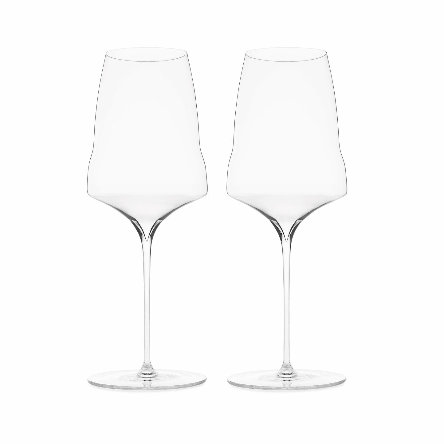 A pair of clear luxury wine glasses with a slender stem and a slight curve at the bowl, displayed against a white background.