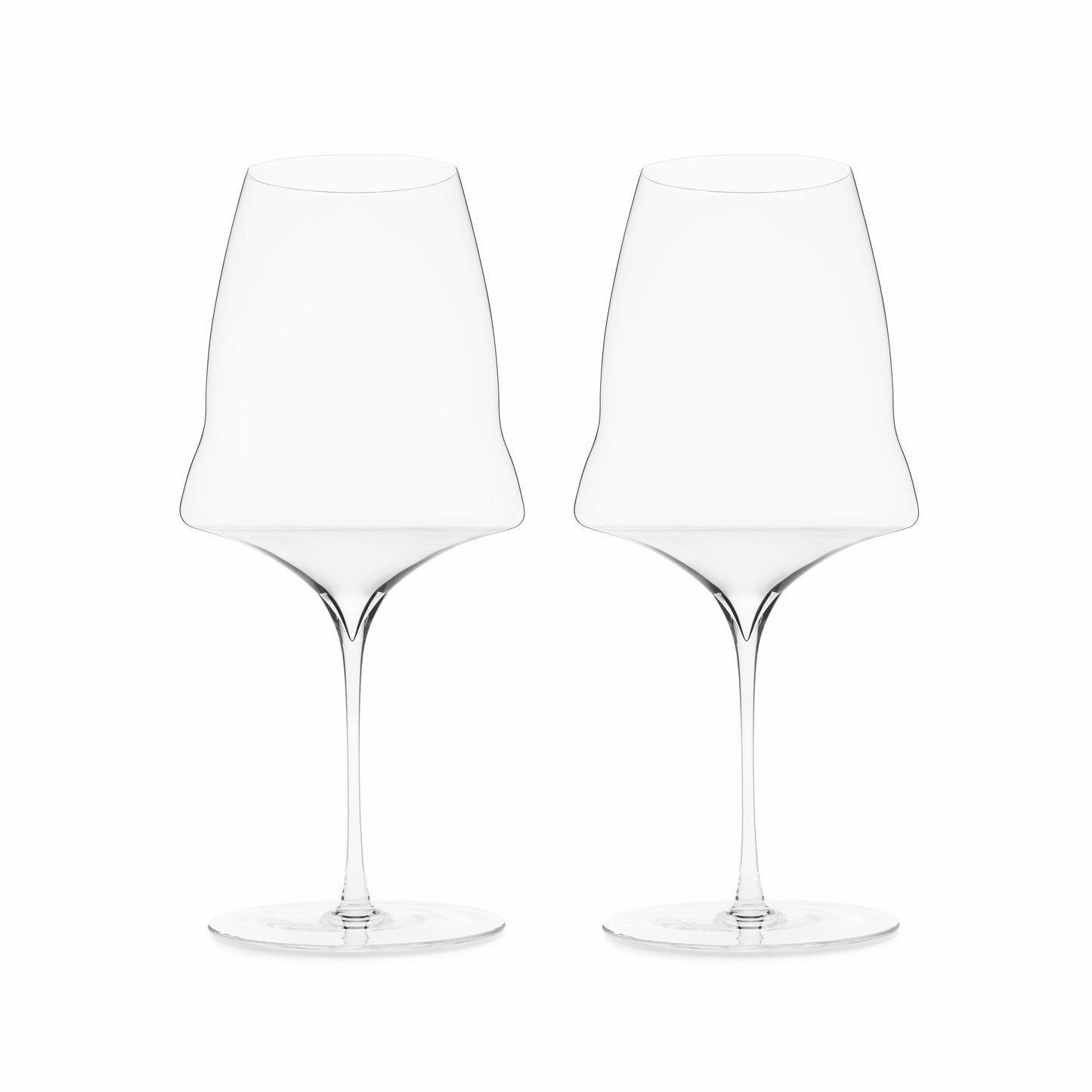 A set of two hand blown wine glasses with a modern design, featuring a large bowl with a kink and a long narrow stem, on a white background.