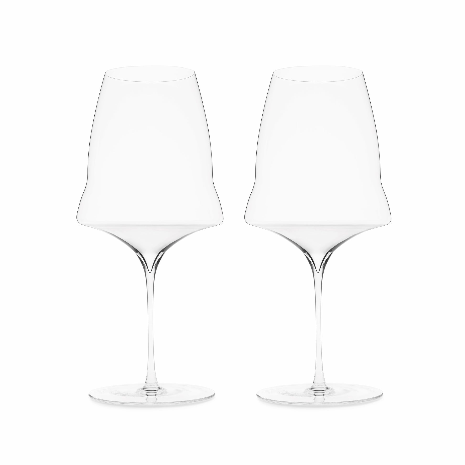 A set of two hand blown wine glasses with a modern design, featuring a large bowl with a kink and a long narrow stem, on a white background.