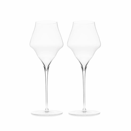 Two clear glasses of champagne with a narrow design and a deep pointed tip, displayed against a white background.