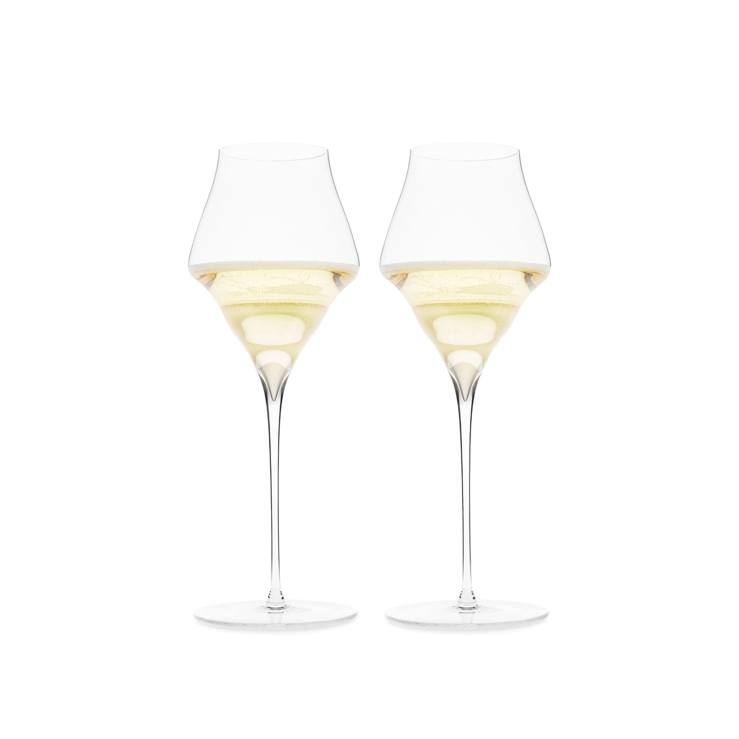 Two luxury champagne glasses filled with champagne on a white background