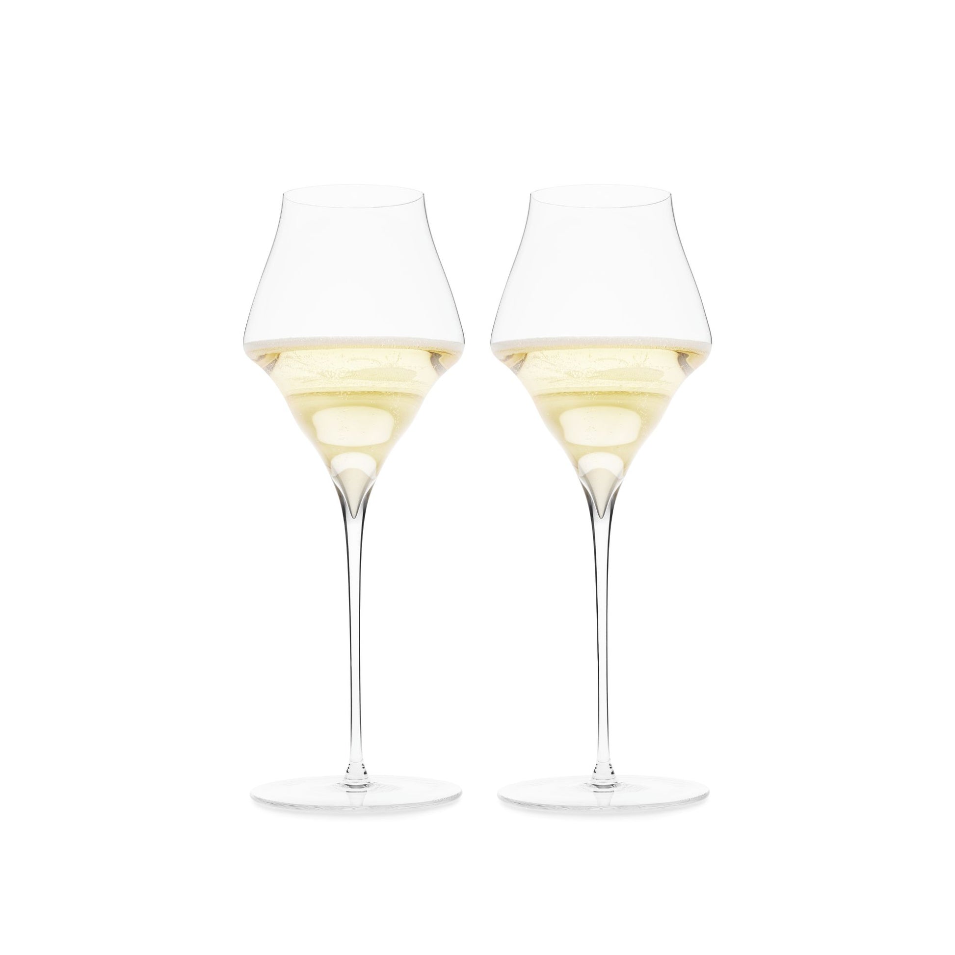Two luxury champagne glasses filled with champagne on a white background
