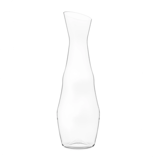 A tall, slender, clear glass carafe with a kink in the design and a cone at the bottom, suitable for serving wine or water.